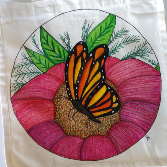 Handmade Reusable Tote Bag With Hand Painted Monarch Butterfly on a Pink Flower - Picture 11 of 16